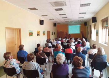 La profesora Ruth Pinedo al fondo hablando sobre las Neurociencias en Abades web