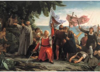 ‘Primer desembarco de Cristóbal Colón en América’ de Dióscoro Teófilo Puebla y Tolín. ©Museo Nacional del Prado