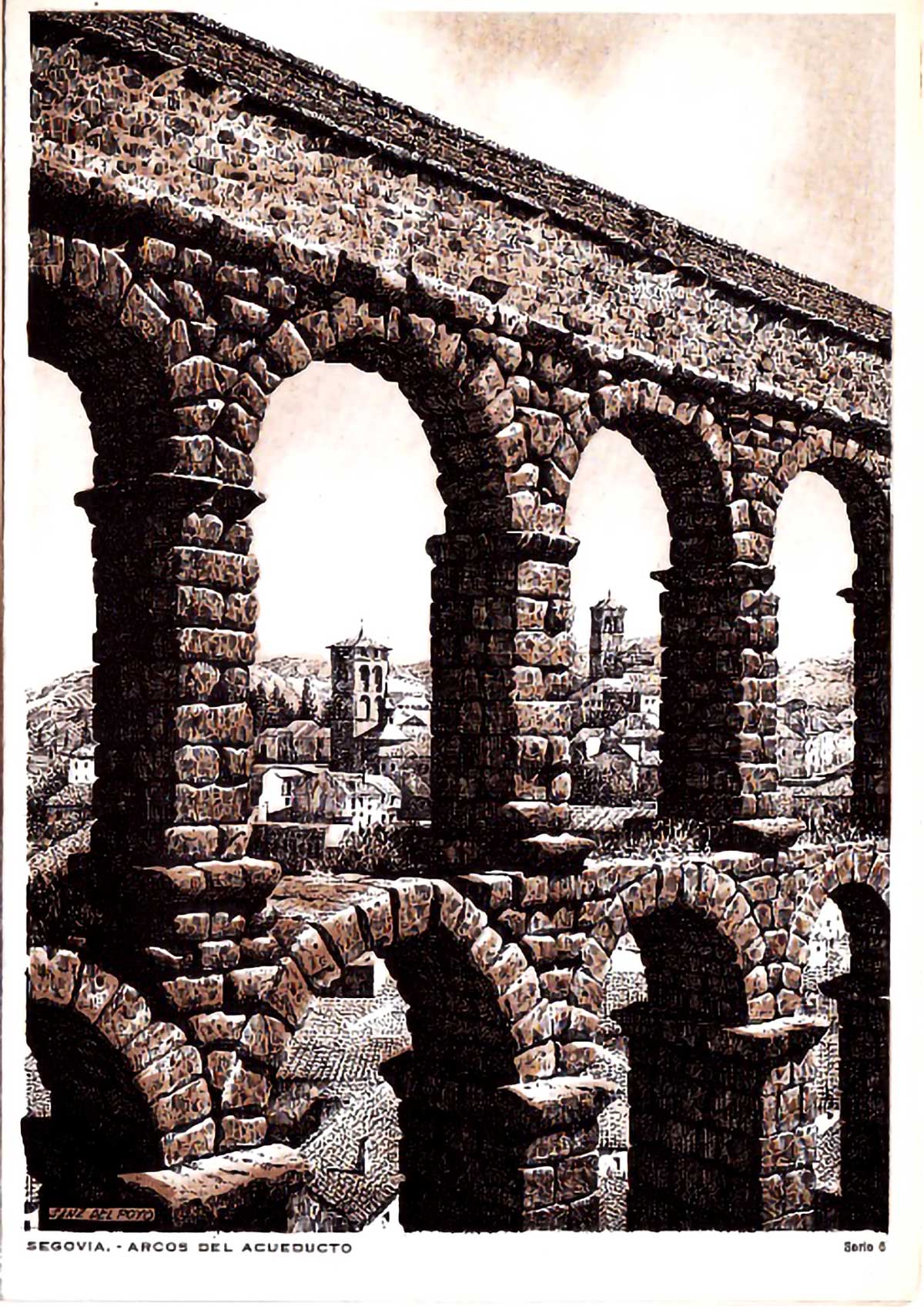 El Cerrillo y la iglesia de los santos Justo y Pastor (IV) 6 Ilustración de 1967 de Sanz del Poyo para unas tarjetas postales sobre Estampas de arquitectura tradicional castellana.