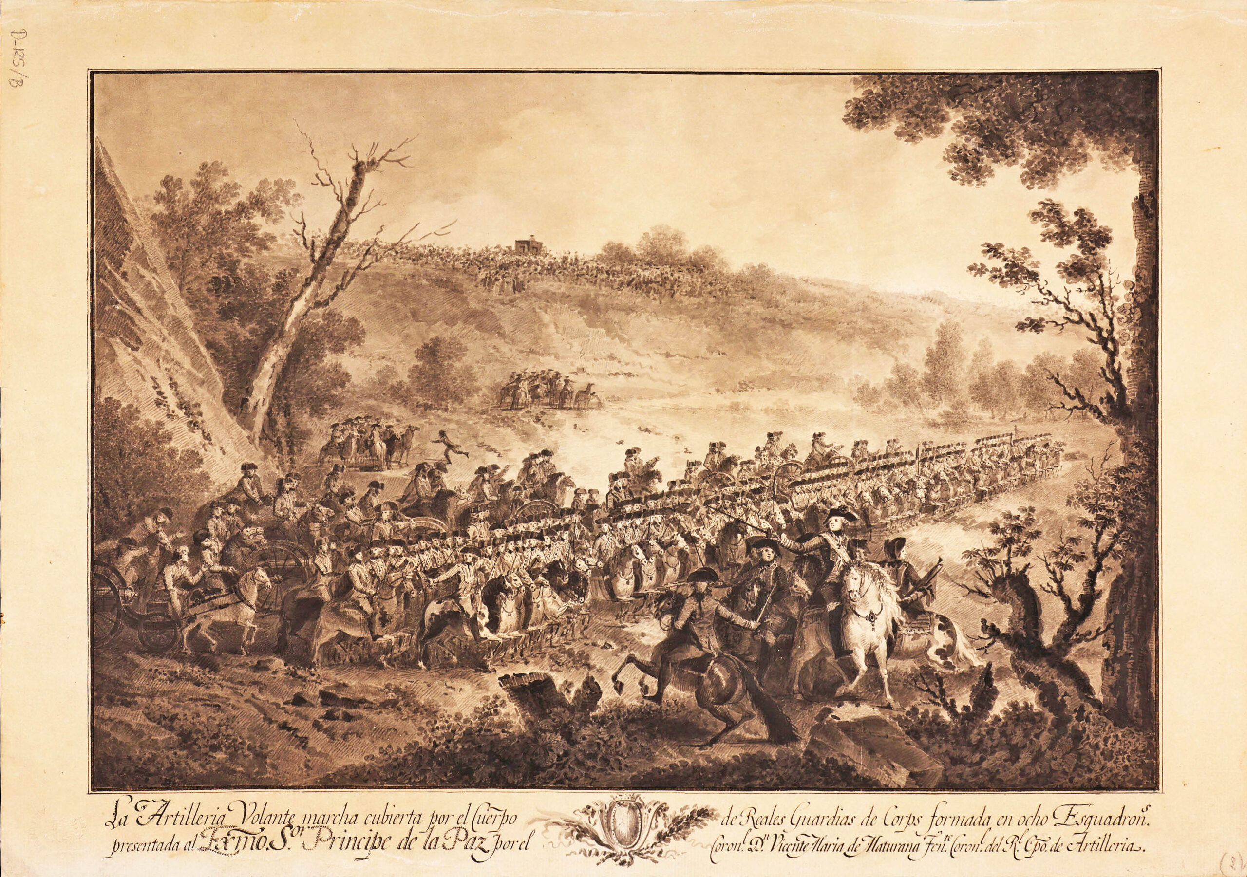 La Unidad Militar de Emergencias (UME) 2 La Artillería Volante marcha cubierta por el Cuerpo de Reales Guardias de Corps, ca. 1796.