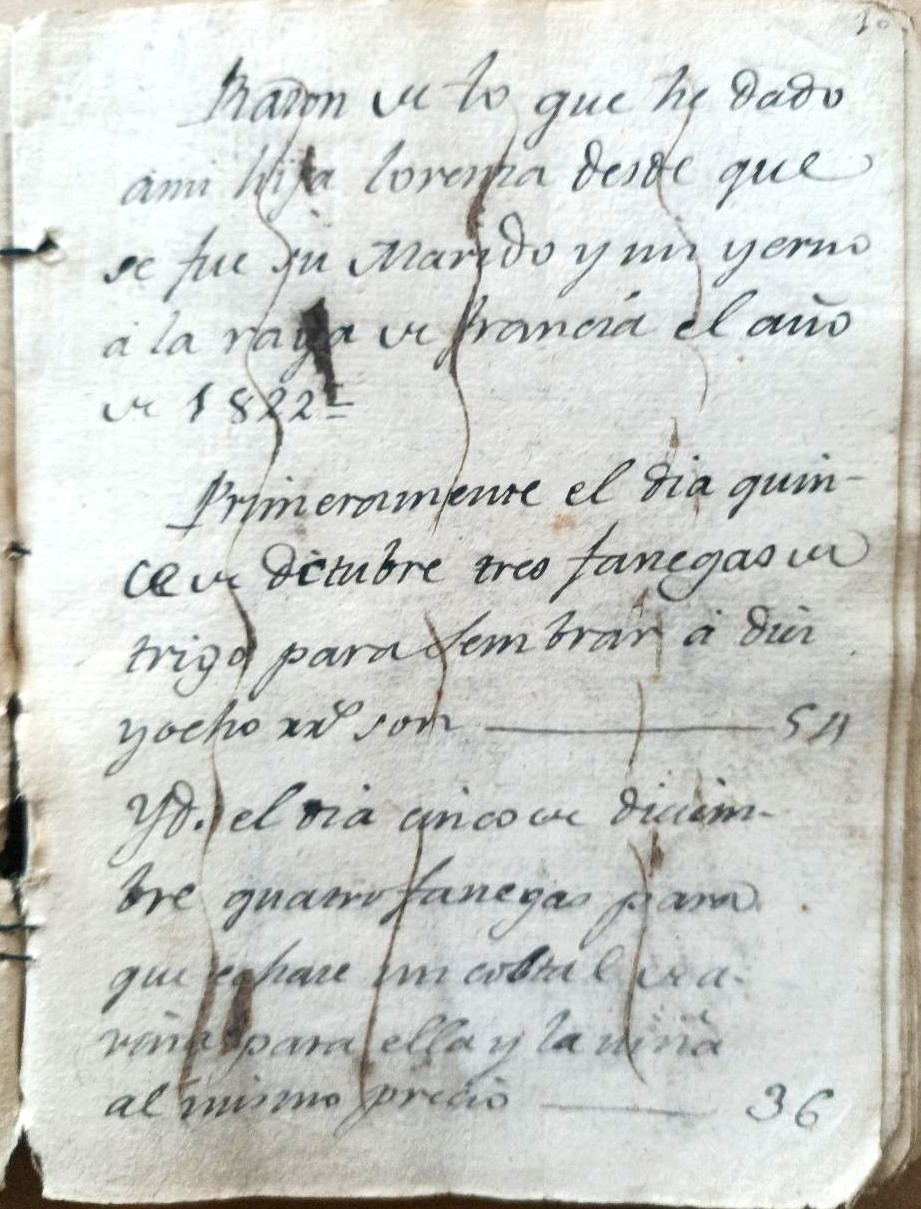 Razón de lo que he dado a mi hija Lorenza desde que se fue su marido y mi yerno a la raya de Francia. Libro de caja de Manuel Gómez. Sanchonuño 1822.
