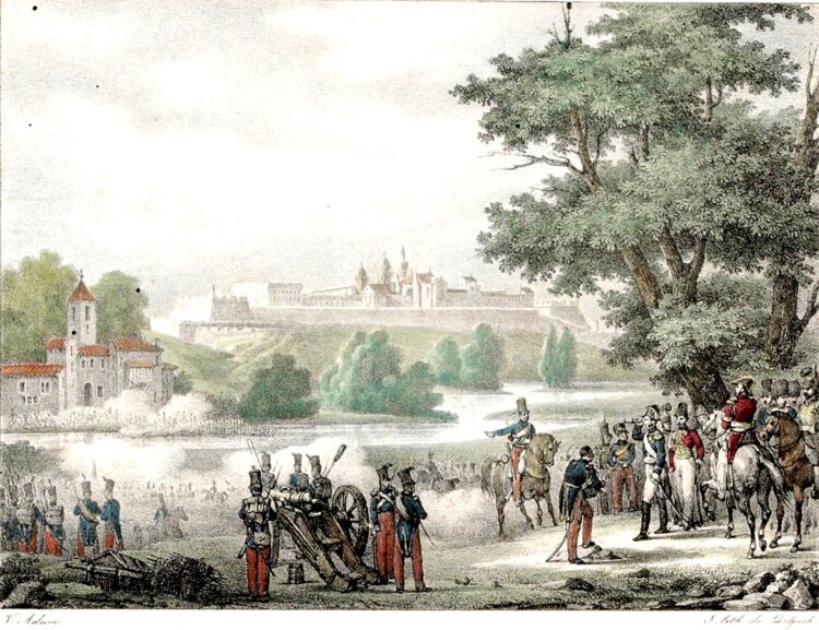 Vista de Pamplona durante el asedio francés. Abril de 1823. Grabado del siglo XIX. Víctor Adam. (Museo San Telmo).