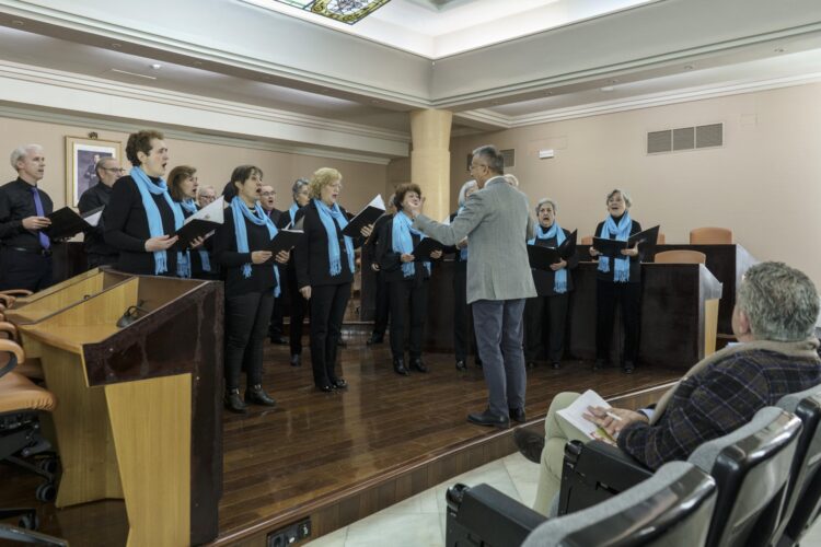 Una de las agrupaciones, interpretando un tema en el salón de plenos de la Diputación./ D.P.