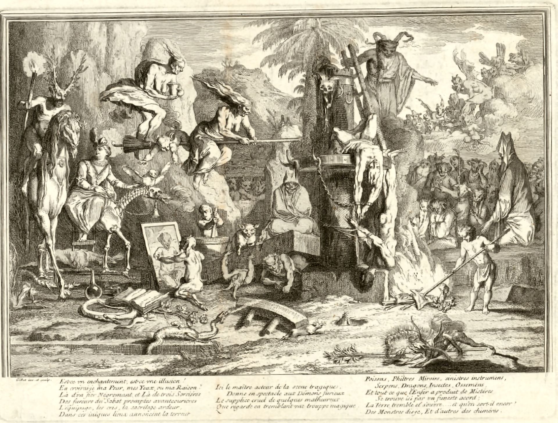 Grabado de Claude Guillot, realizado en el siglo XVIII, en el que se representan demonios, brujas y criaturas monstruosas bailando.