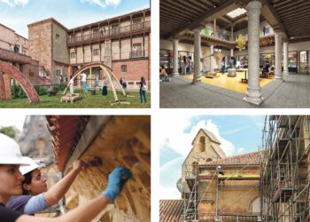 Arriba, recreación virtual del nuevo Campus Creativo, previsto para 2025; abajo imágenes del proceso de restauración del Aula Magna del campus. / Roberto Arribas