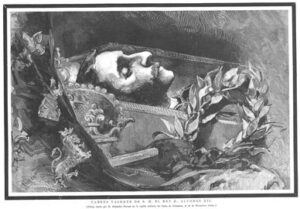Grabado realilzado en diciembre de 1885, tras el fallecimiento de Alfonso XII.