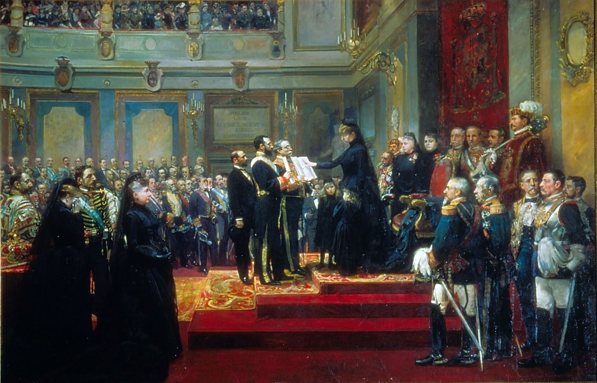 Lienzo terminado en 1897 y que representa la Jura de la Constitución por parte de María Cristina de Hasburgo. El acto tuvo lugar en 1885, un mes después de haber fallecido Alfonso XII. La pintura fue realizada conjuntamente por Francisco Jover y Casanova y Joaquín Sorolla.