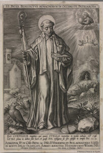 La Regla San Benito sobre la mano izquierda del santo, grabado que está en la Biblioteca Nacional de España.