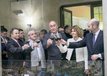 Máximo San Macario, José María Bravo, Miguel Ángel de Vicente, Magdalena Rodríguez y Pedro Varela brindan en el tradicional Vino de los trabajadores de la Diputación. / DIPUTACIÓN