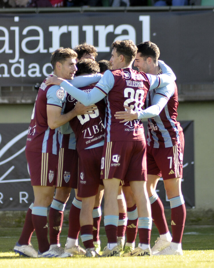 Los jugadores de la Segoviana celebran el gol de Davo en el encuentro disputado ante el Lugo en La Albuera./JUAN MARTÍN-G. SEGOVIANA