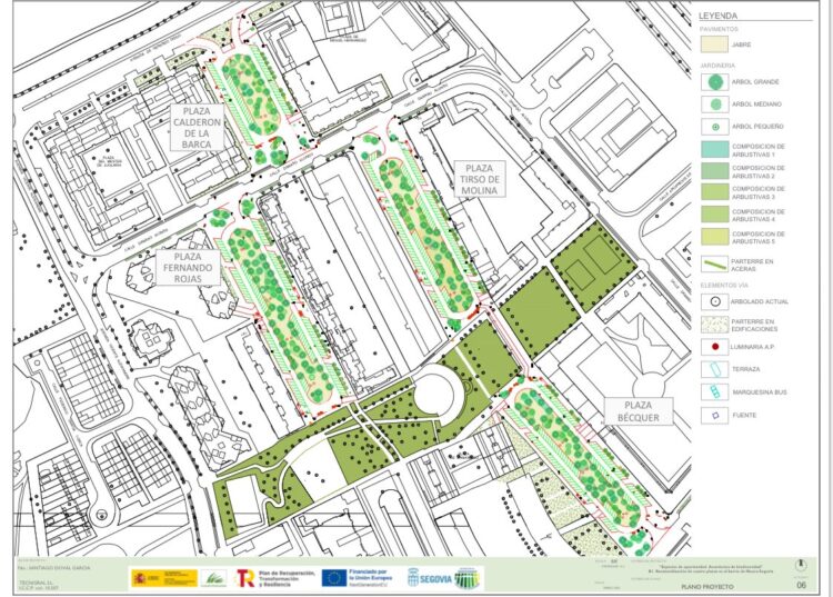 La aportación vecinal logra bajar a 111 las plazas de aparcamiento a suprimir en Nueva Segovia 1 Plano del proyecto final de Renaturalización de cuatro plazas del barrio de Nueva Segovia. / AYUNTAMIENTO