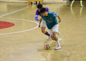 El jugador del Cuéllar controla la pelota durante un partido de la presente temporada./FS CUÉLLAR