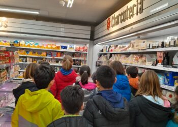 Un grupo de escolares durante su visita a un comercio local / AYUNTAMIENTO DE PALAZUELOS DE ERESMA