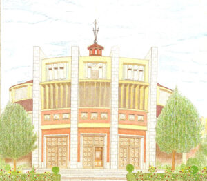 Dibujo de la fachada principal de la iglesia de Nuestra Señora del Carmen. Jesús del Barrio,1990. Publicación del 25º aniversario de la parroquia.