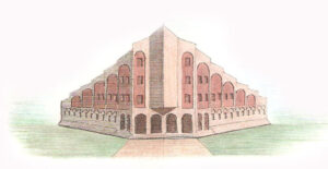 Dibujo coloreado del alzado exterior de la iglesia de San Frutos, realizado por Javier Moreno Rexach. Propiedad de los arquitectos autores del proyecto.