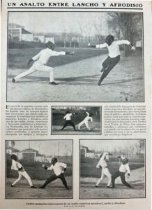 Afrodisio Aparicio, maestro de esgrima 5 Combate entre Lancho, que viste de blanco y Afrodisio, de negro.