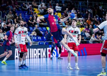 Blaz Janc busca el lanzamiento durante un instante del encuentro entre Barcelona y Viveros Herol Nava disputado en el Palau./VÍCTOR SALGADO