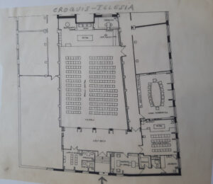 Dibujo de la planta de la iglesia del Santo Cristo del Mercado en los locales de la nueva iglesia del centro parroquial.