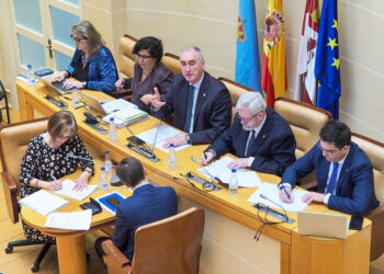 May Escobar, Rosalía Serrano, José Mazarías, Alejandro González-Salamanca y José Luis Horcajo, durante el último Pleno del Ayuntamiento de Segovia. / HÉCTOR CRIADO