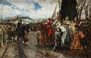 “La rendición de Granada”, pintura de Francisco Pradilla y Ortiz, 1881, en la que el rey Boabdil entrega las llaves a los reyes católicos.
