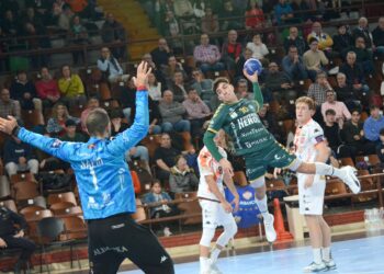 Lautaro Robledo busca el lanzamiento durante un instante del duelo de ida entre Viveros Herol y Abanca Ademar./AMADOR MARUGÁN