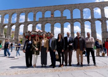 Ignacio Garriga, en el centro, junto a miembros destacados de VOX en Segovia en el Azoguejo. / VOX