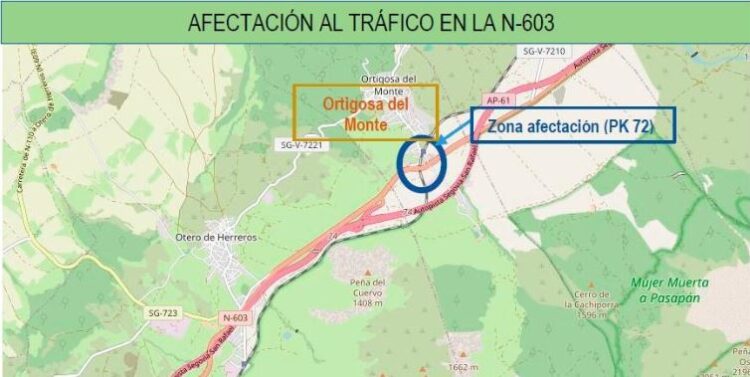 Las obras de reparación se reanudan en la N-603 a la altura de Ortigosa del Monte 1 Mapa de la zona afectada./MINISTERIO DE TRANSPORTES