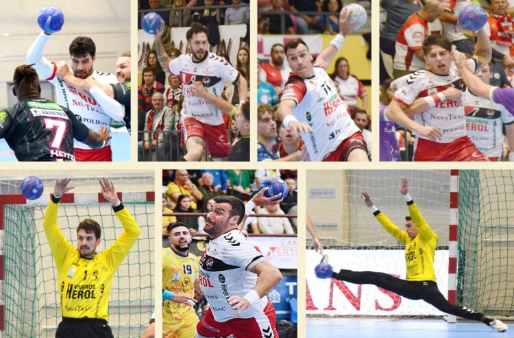 Siete despedidas en Nava 1 De izquierda a dcha: Borja Mendez, Dani Pérez, Isaias Guardiola y Lautaro Robledo. Abajo: Luis de Vega, Gedeón Guardiola y Yeray Lamariano con la camiseta del BM Nava./AMADOR MARUGÁN