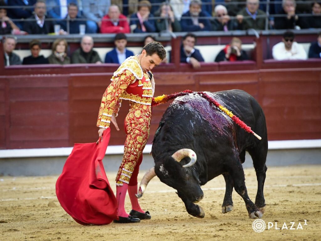 Ginés Marín, con el tercer toro de la tarde, de la divisa de Fuente Ymbro. / PLAZA 1