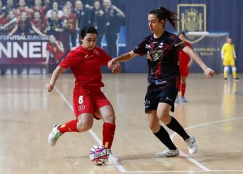 Eva Jiménez pugna con una rival durante un instante del amistoso./RFEF