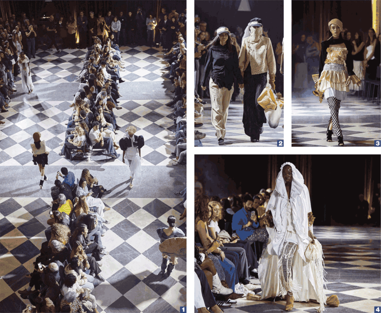 Desfile en el Aula Magna (1) e imágenes de las piezas premiadas, obra de Candela Hernández (2), Isabel Guerra (3) y Agustina Tolosa(4). / ©Studio Banana