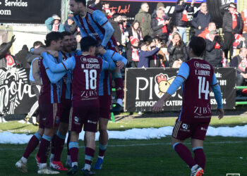 Los jugadores de la Gimnástica Segoviana celebran el gol de Abel Pascual en el duelo frente a la Cultural Leonesa./JUAN MARTÍN-G. SEGOVIANA