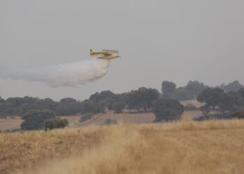 Un medio aéreo, echando agua en el incendio entre las localidades zamoranas de Malillos y la Cernecina./ ICAL