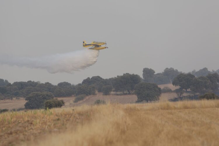 Un medio aéreo, echando agua en el incendio entre las localidades zamoranas de Malillos y la Cernecina./ ICAL