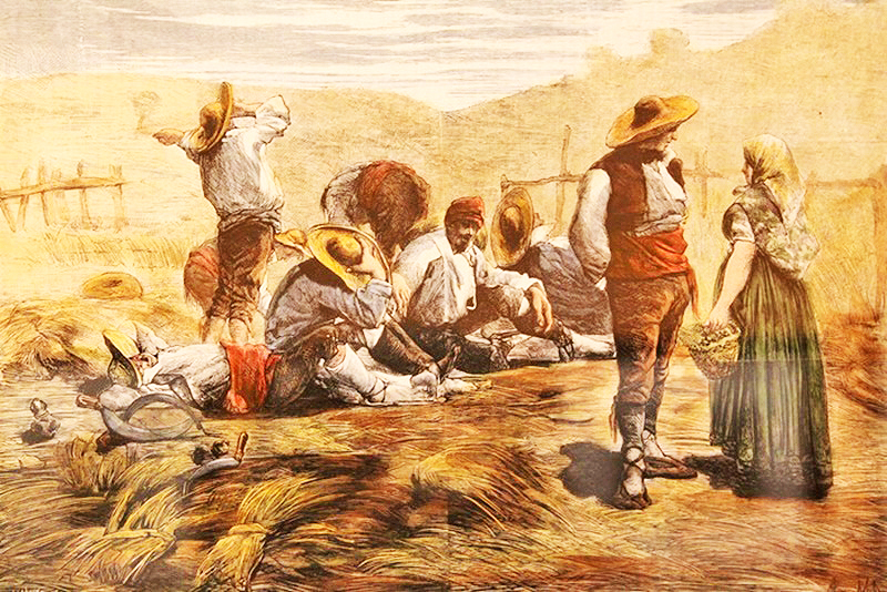 Aquellas cuadrillas de segadores gallegos 2 Xilografía costumbrista de 1874 que muestra un grupo de segadores.