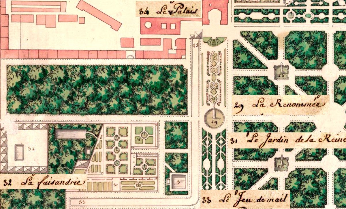 Mapa de los jardínes del alacio de La Granja. Detalle del juego del mallo, 1725.