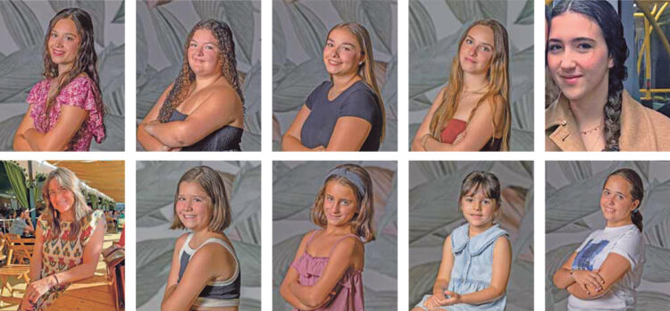 De izquierda a derecha, la Reina de 2025, Esther García, de la peña El Tembleke; 1 Dama, Carmen Lucía Monterrubio, de la peña El Tembleke; 2 Dama, Gimena Rodríguez, de la peña Ninfas; Reina de la Asociación Taurina, Claudia Montero, de la peña Ninfas; Dama, Julieta Heras, de la peña Dantaño; Dama, Paz Aguirre, de la peña La Berza; Damas infantiles, Valeria González, de la peña Coco Loco; Ana Negri, de la peña Yumalay;  Enma Marina, de la peña Harlem; Chloe Vaquero de la peña la Legaña.