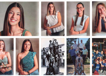 Áurea Postigo, Reina de 2025, con las damas, Daniela Burgos, Claudia Carrasco, Lola García, Martina garrido y María López. La peña El Trebol en la misma farola 50 años después. Y la peña KPK, pregoneros este año, en una imagen de hace más de 20 años.