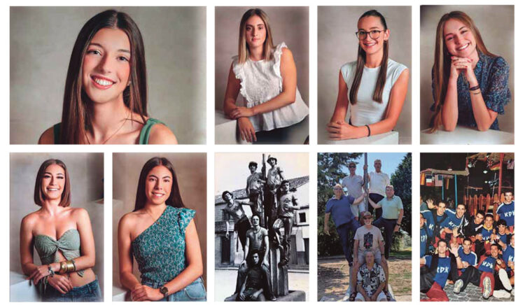 Áurea Postigo, Reina de 2025, con las damas, Daniela Burgos, Claudia Carrasco, Lola García, Martina garrido y María López. La peña El Trebol en la misma farola 50 años después. Y la peña KPK, pregoneros este año, en una imagen de hace más de 20 años.