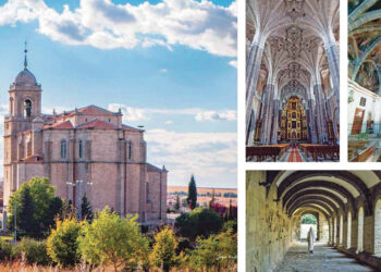 La imponente estampa de la iglesia de San Sebastián. Derecha, interior de San Sebastián y de la ermita de Nuestra Señora del Carrascal. Abajo, convento de Santa Clara./ Ayuntamiento de Villacastín