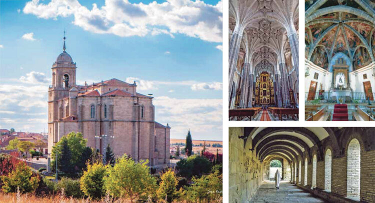 La imponente estampa de la iglesia de San Sebastián. Derecha, interior de San Sebastián y de la ermita de Nuestra Señora del Carrascal. Abajo, convento de Santa Clara./ Ayuntamiento de Villacastín