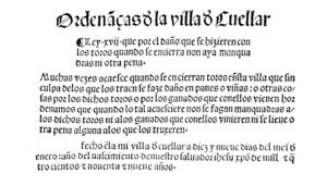 Ordenanzas de la Villa de Cuéllar de 1499. Referencia a las fiestas con toros.