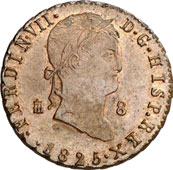 Moneda de ocho maravedís de la ceca de Segovia. Año 1825.
