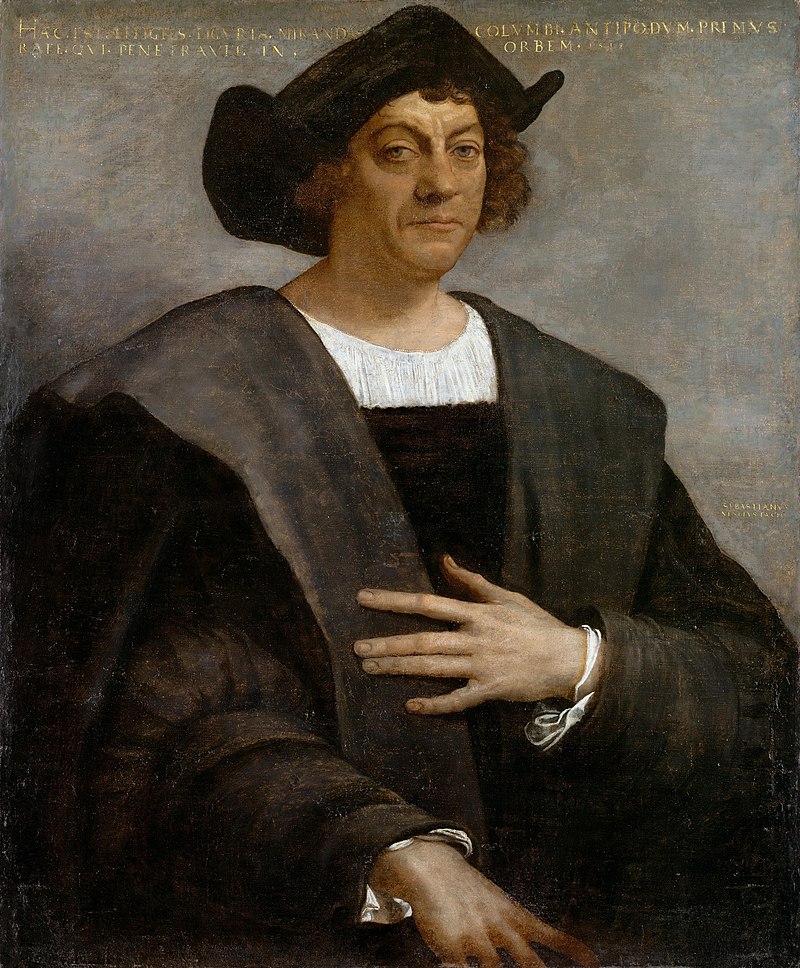 Retrato de hombre, óleo sobre lienzo de Sebastiano del Piombo, fechado en 1519, con una leyenda de dudosa autenticidad que lo identifica como el ligur Colombo, «el primero en entrar en barco en el mundo de las Antípodas» (Nueva York, Metropolitan Museum). No se conocen retratos auténticos de Colón.