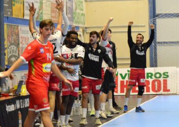 El banquillo del Balonmano Nava celebra la victoria. / AMADOR MARUGÁN