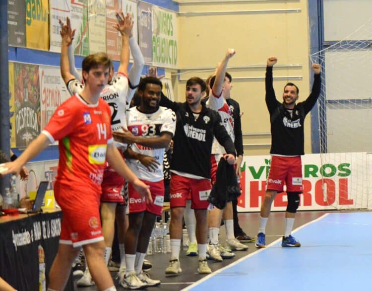 El BM Nava sale de la zona baja y encuentra el premio al trabajo 1 El banquillo del Balonmano Nava celebra la victoria. / AMADOR MARUGÁN