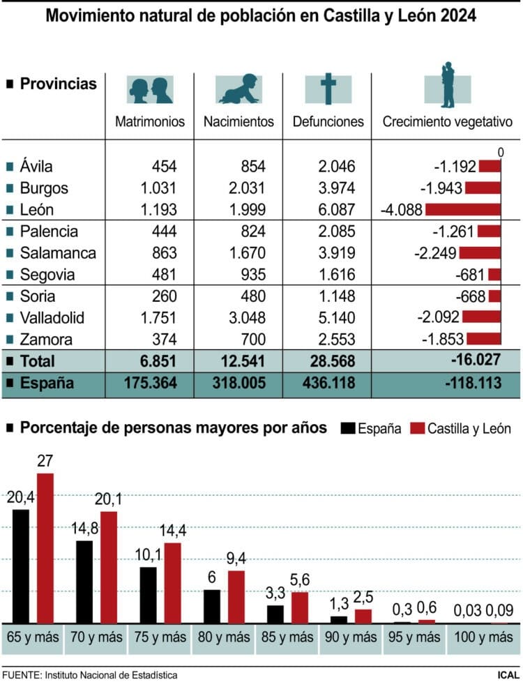 Movimiento natural de población en Castilla y León 2024.