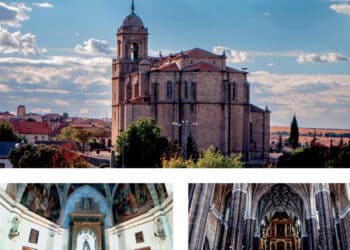 Arriba, la presencia imponente de la iglesia de San Sebastián, abajo interiores de la ermita de la Virgen del Carrascal y de San Sebastian. /          E.A.