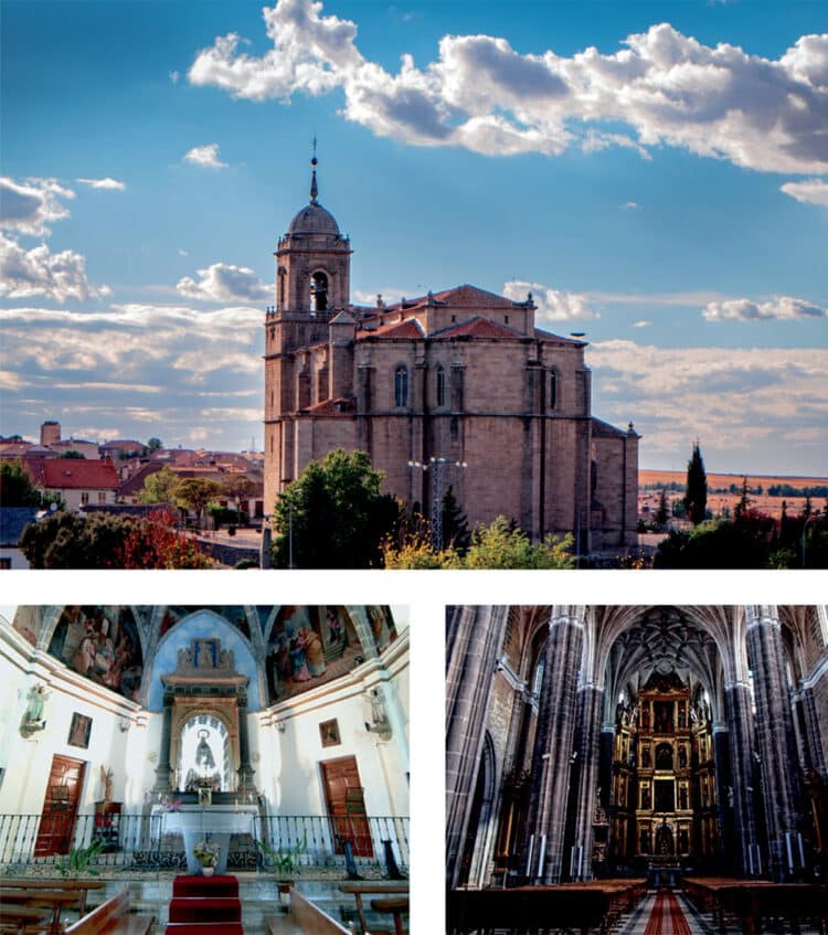 Arriba, la presencia imponente de la iglesia de San Sebastián, abajo interiores de la ermita de la Virgen del Carrascal y de San Sebastian. /          E.A.