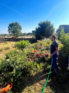 Regando en su jardín experimental en Basardilla.